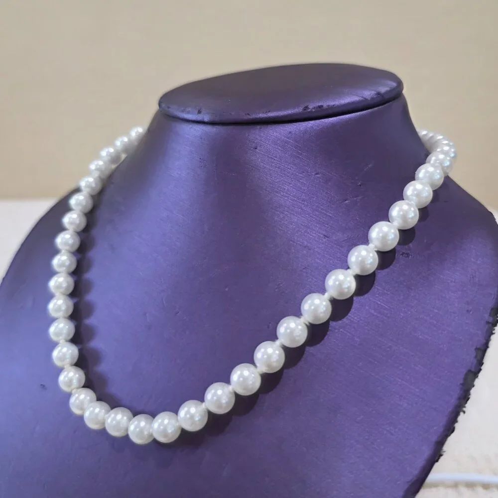 Vintage 7mm Heavy White Faux Pearl Silver Asian Design 925 Clasp 18